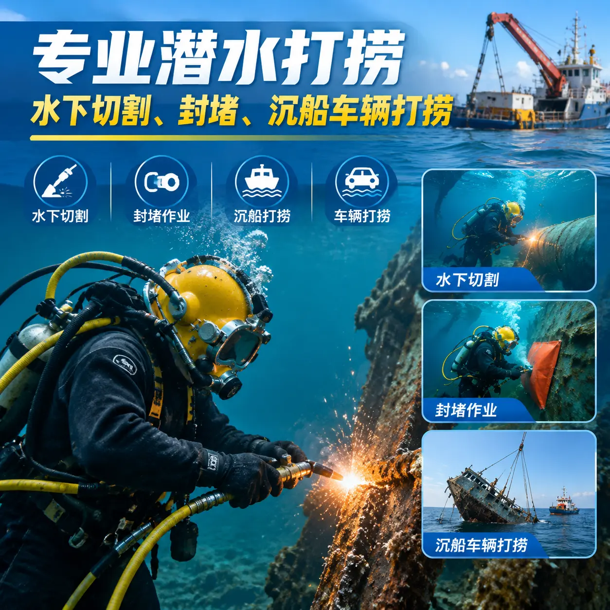 专业潜水打捞｜水下切割、封堵、沉船车辆打捞荣成